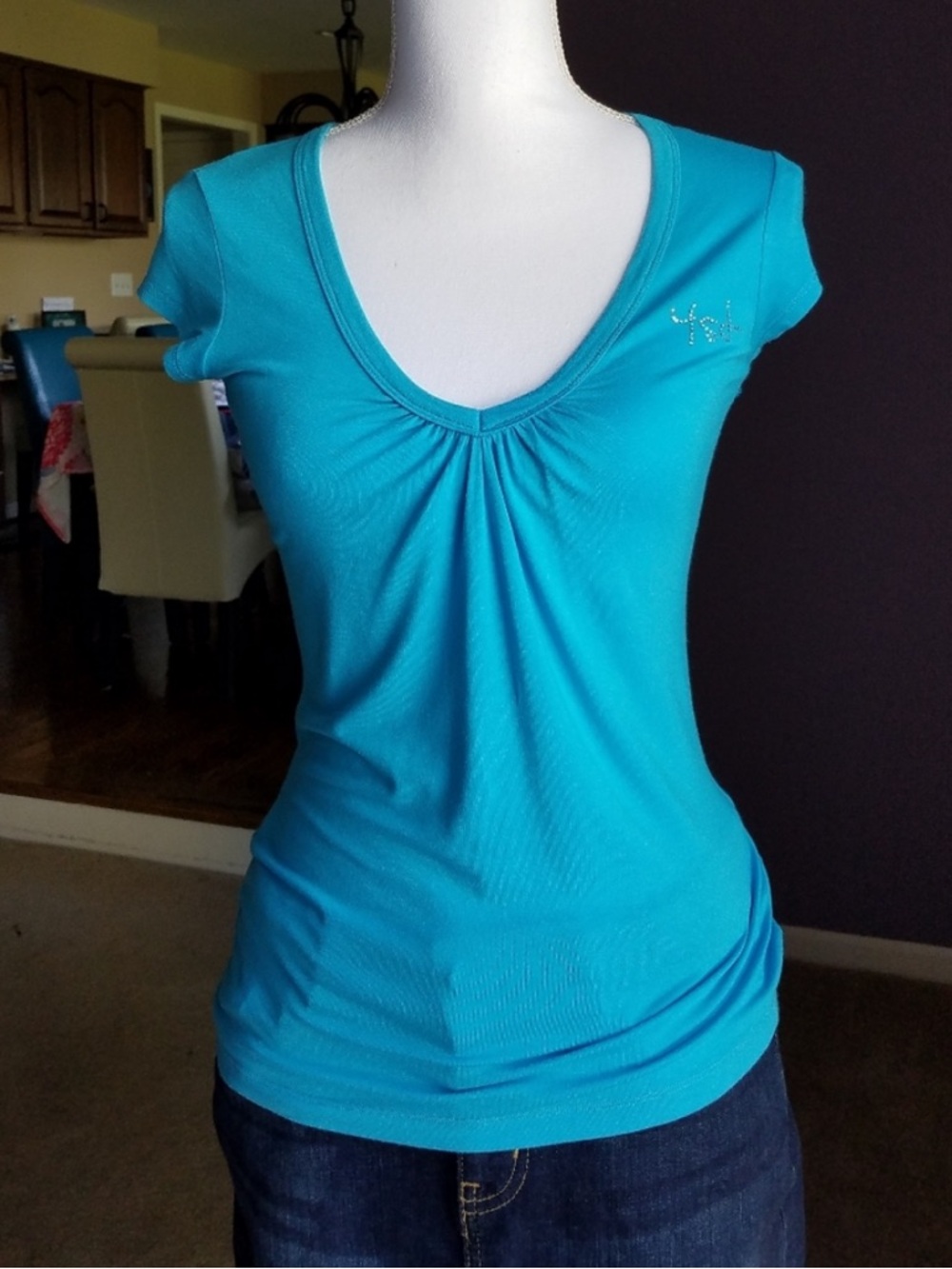 Sexy Fitted Turquoise Blue Short Sleeve V-neck Top from Greece